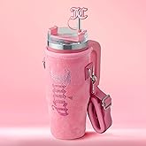 Juicy Couture Jetsetter 30oz Stainless Steel Travel Tumbler With Velour Crossbody Pouch, Interchangeable Lid, and Straw, Hot Pink