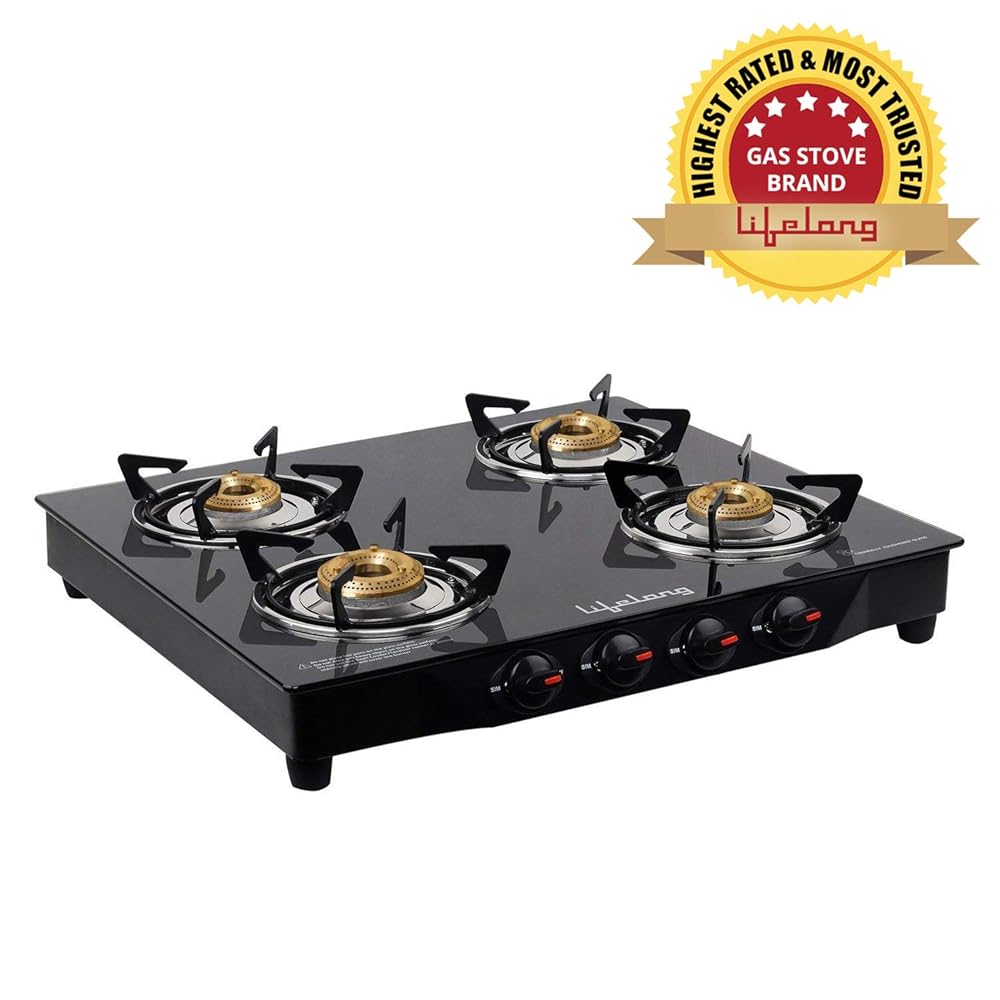 Lifelong Glass Top Gas Stove, 4 Burner Gas Stove, Black (ISI Certified