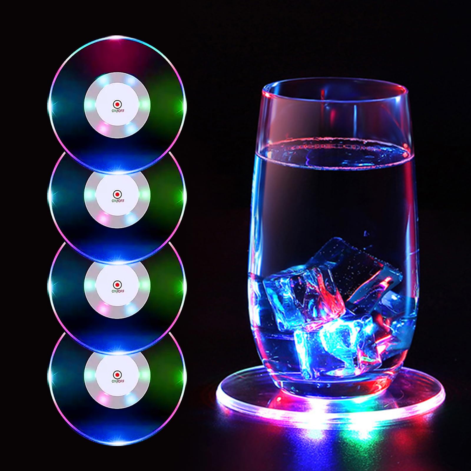 TINYOUTH Set of 4 Colour Changing LED Coasters for Drinks, ON/OFF Disposable Daily Waterproof Acrylic Light Up Coasters for Beer Cocktail Parties Weddings Bar Christmas Home Pub