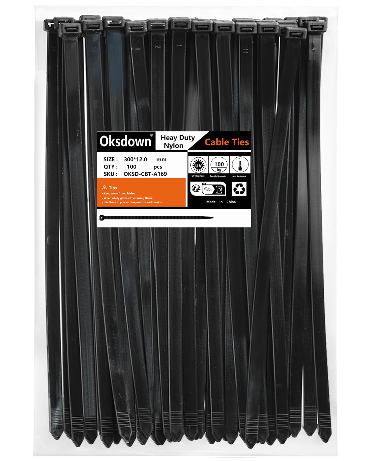 Oksdown 100 Pack Black Extra Thick Cable Ties Heavy Duty Large 300mm×12.0mm Strong Nylon Plastic Self Locking 12 inch/30 cm Zip Tie Wraps