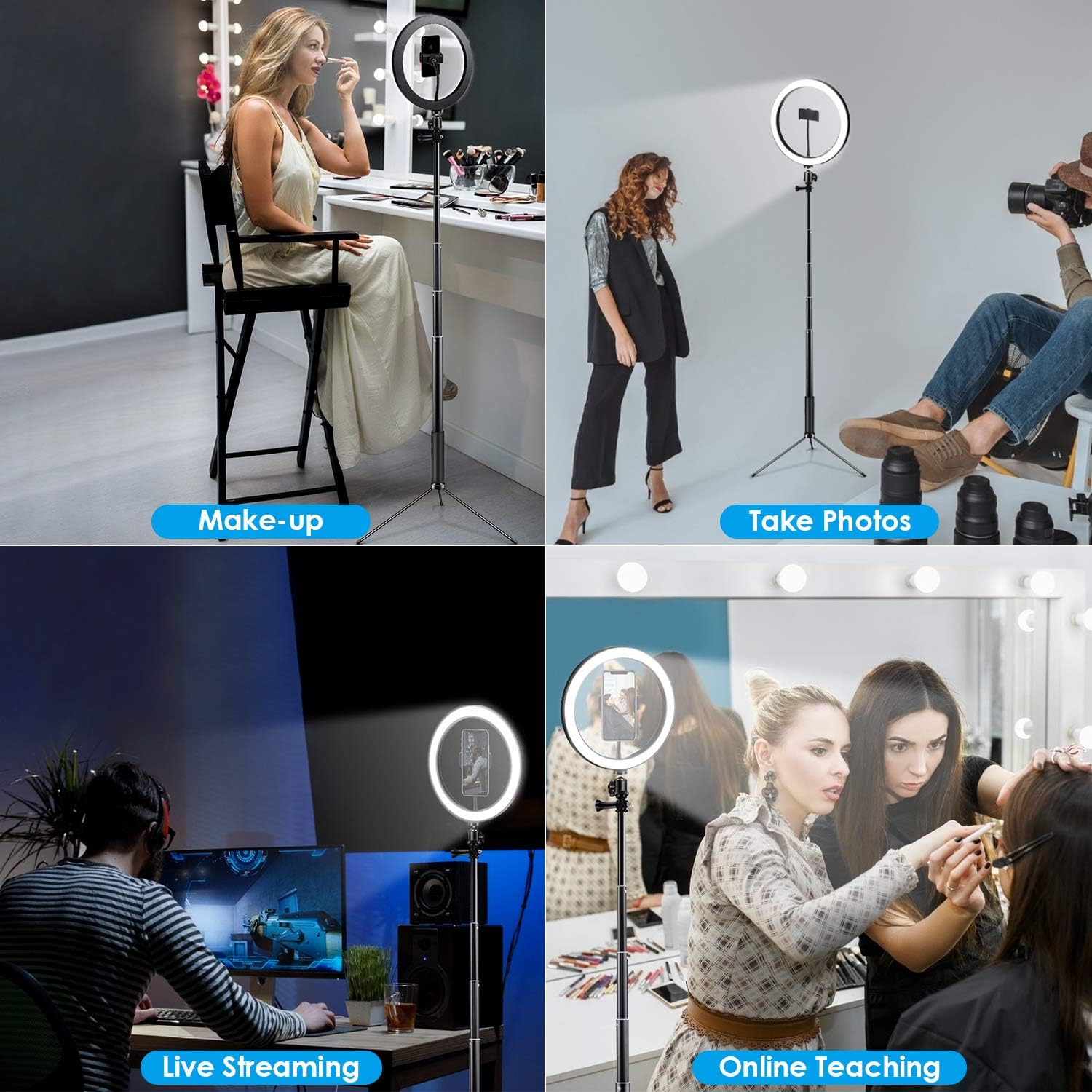 Ring Light 10" Selfie Light Ring with Adjustable Bracket (14.56'' to 65'') Remote Control 3 Modes & 10 Brightness 120 Bulbs Dimmable Desktop Ringlight for YouTube Video/Live Stream/Makeup/Photography : Camera & Photo