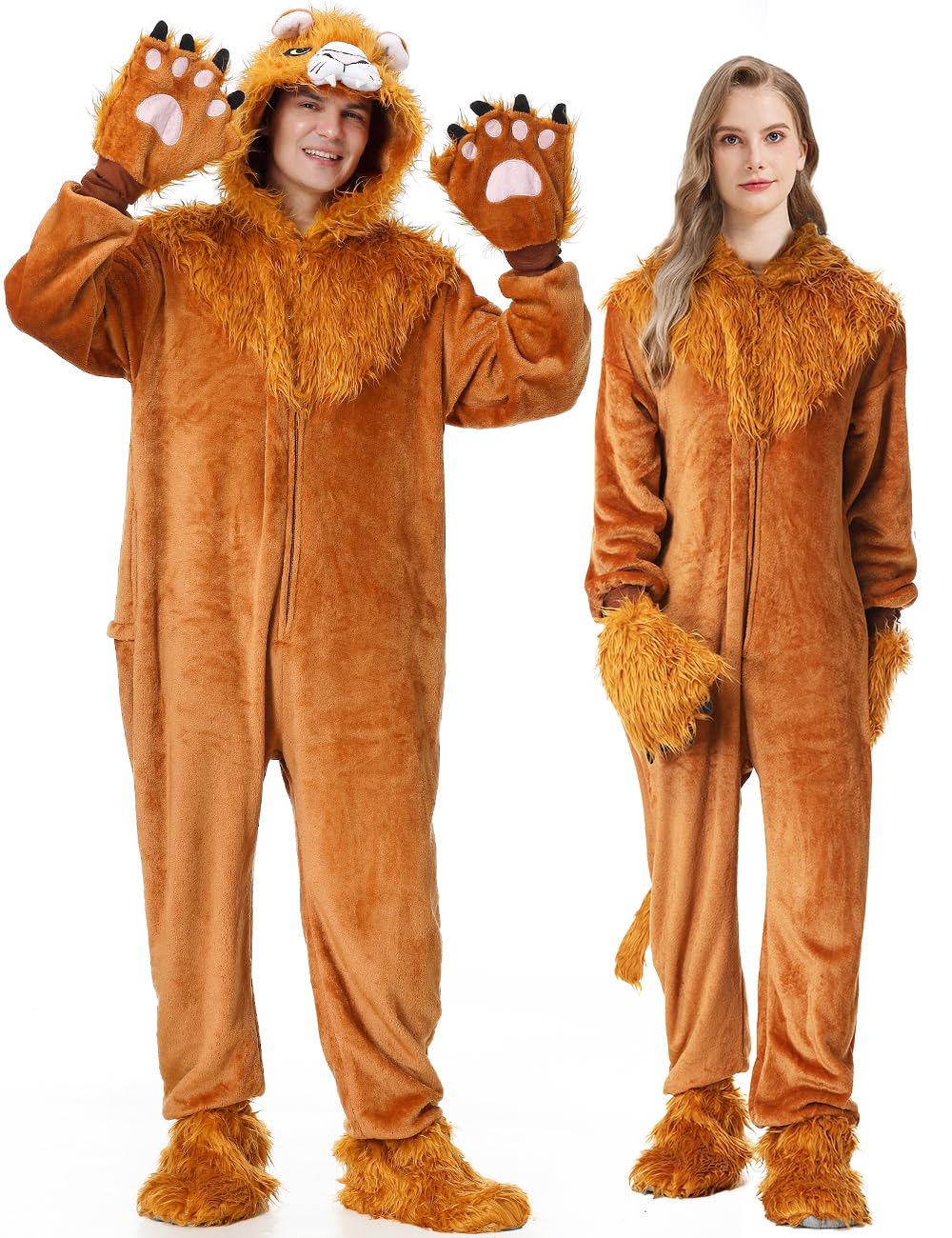 Photo 1 of YuDanae Lion Costume Adult Animal Onepiece Unisex Lion Pajamas Halloween Party Onesie Cosplay Jumpsuit for Men Women (BrownYellow, Small)