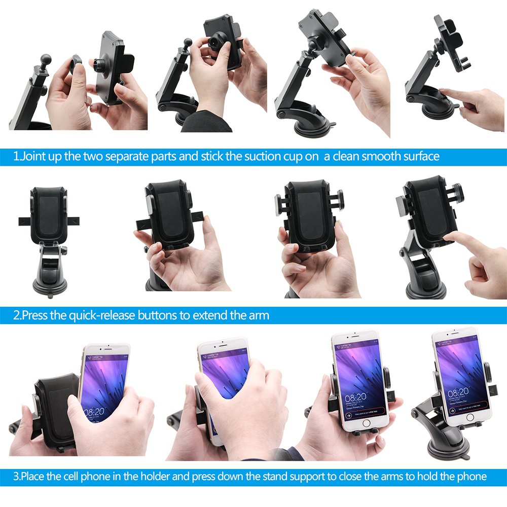 FYHD Car Phone Mount with Extendable Telescopic Arm, Universal Smartphone Car Holder for Car Windshield/Dashboard Compatible with iPhone X 8 8 Plus Samsung Galaxy LG Nexus Sony Nokia and More...