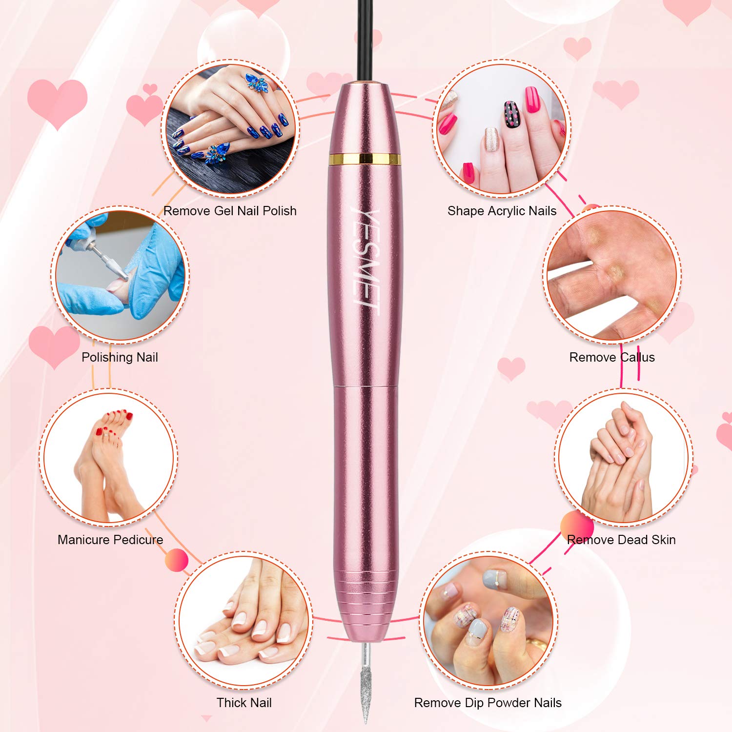 Portable Electric Nail Drill,YESMET Professional 17000RPM USB Nail Tools Set For Gel Nails,Acrylic Nail,Manicure Pedicure Tools With 11 Nail Drill Bits,Sanding Bands,Nail Brush,Home Salon Use,Gold: Beauty