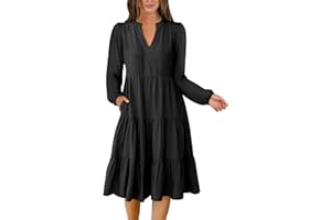 ANRABESS Womens V Neck Long Sleeve Midi Dress 2024 Fall Fashion Casual Loose Fit Flowy Swing Tiered Beach Vacation Dresses