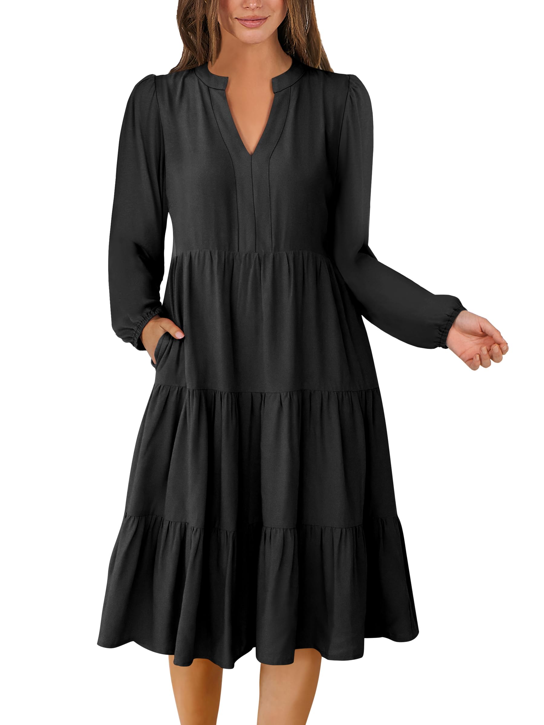 Photo 1 of ANRABESS Long Sleeve Midi Dresses for Women V Neck 2025 Fall Fashion Casual Loose Fit Flowy Swing Tiered Vacation Boho Dress Black Large