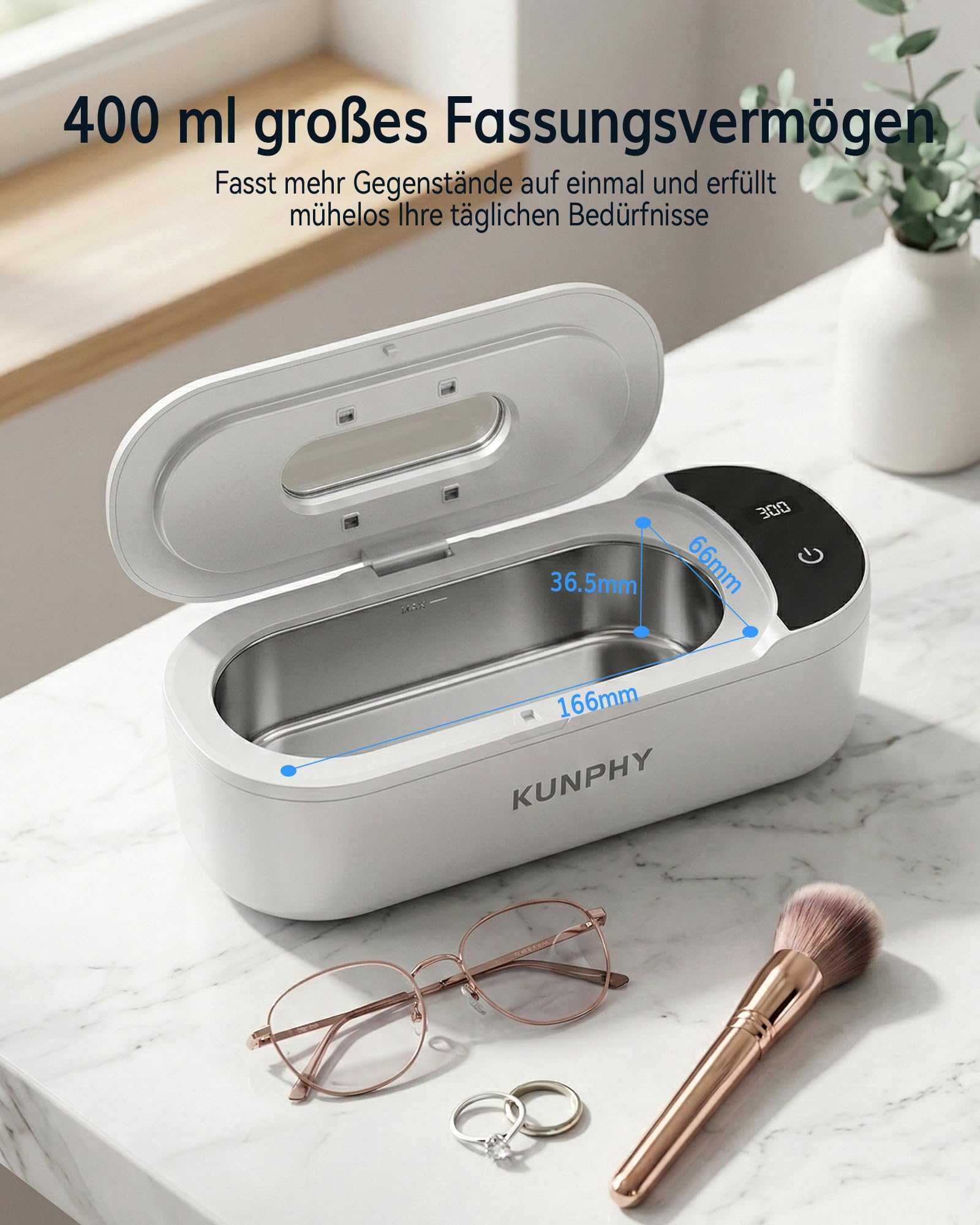 KUNPHY Ultraschallreinigungsgerät mit U-V – Brillenreinigungsgerät 400ml(20Oz) 48kHz, Ultrasonic Cleaner mit digitalem Dual-Modus-Display(5/10min), Ultraschallreiniger für Brille, Schmuck, Uhren 7