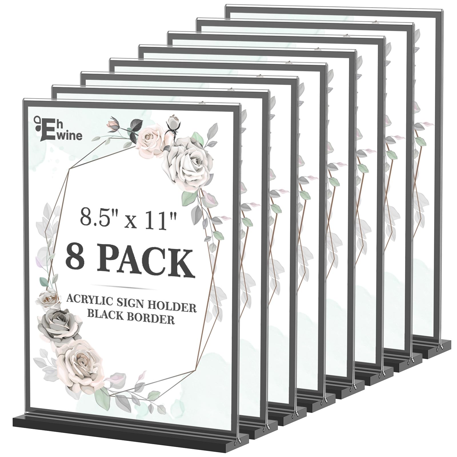 Photo 1 of EHWINE 8 Pack Acrylic Sign Holder 8.5 x 11, Double-Sided Tabletop Black Sign Holder, Clear Acrylic Picture Frame Menu Flyer Paper Holder Display Stand for Home Wedding Party (with Non-Slip Pads)
