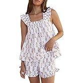 Farktop Womens Floral Print Pajama Sets Ruffle Trim Cami and Casual Shorts 2 Piece Lounge Set PJ