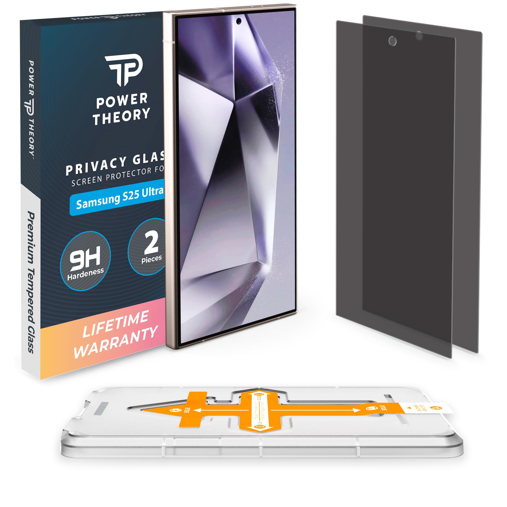 Power Theory compatible with Samsung Galaxy S25 Ultra Privacy Screen Protector Tempered Glass [Ultra 9H Hardness], 2 Pack, Anti-Spy, Easy Install Kit, 99% HD Bubble Free Clear, Case Friendly