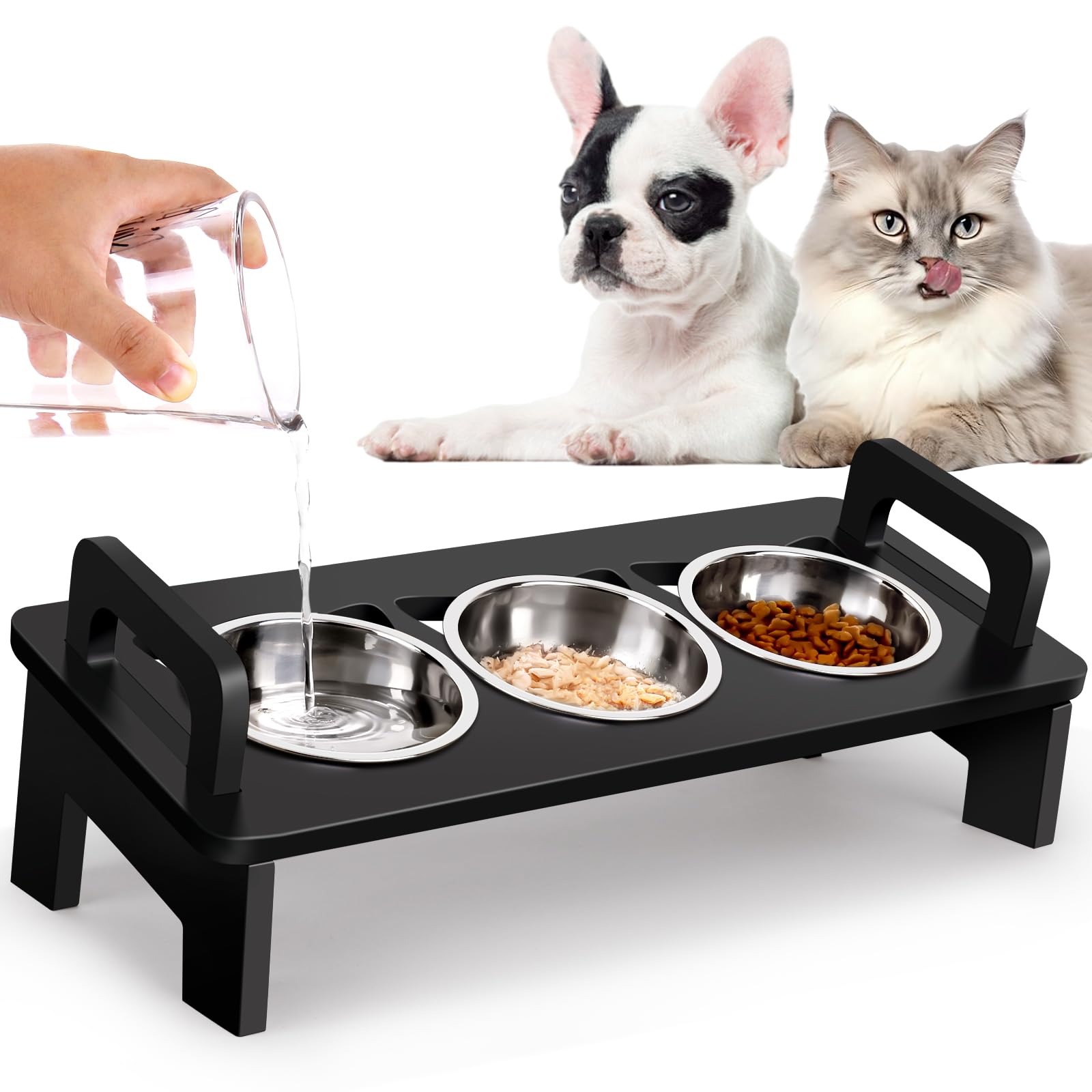 Photo 1 of Elevated Cat Food Bowl, 3 Stainless Steel Raised Cat Bowls with Stand, 15°Tilted Cats Bowl for Indoor Cats, Pet Food and Water Bowl Set, Anti Vomitting, Whisker Fatigue and Dishwasher Safe - Black