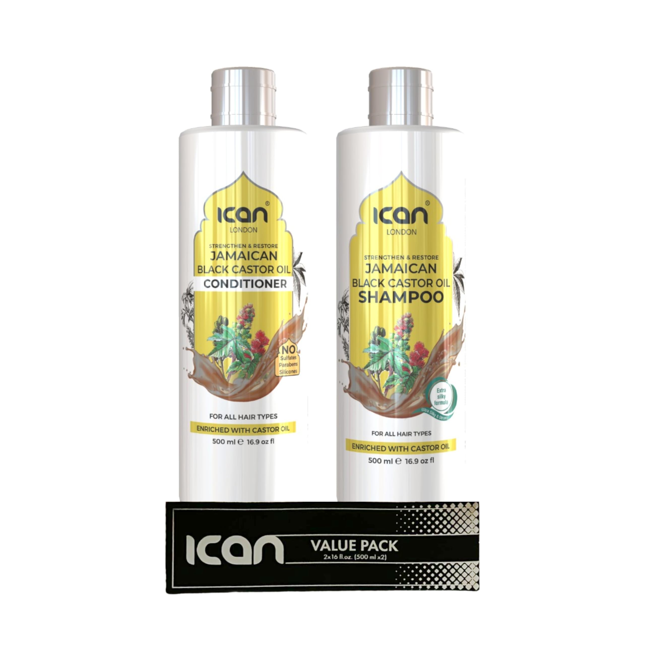 ican London Jamaican Castor Oil Anti-Dandruff & Itch Relief Formula Shampoo & Sulfate free conditioner 500ml x 2