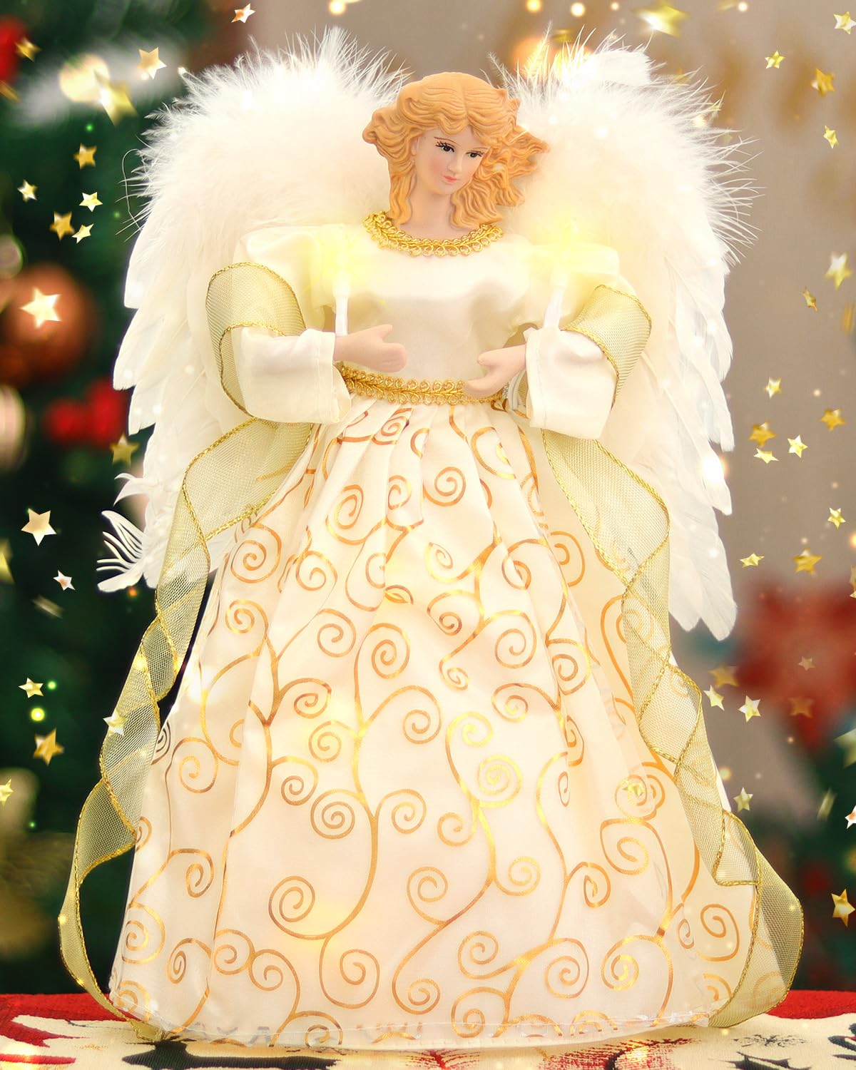 Photo 1 of (battery AA OPERATED) Christmas Angel Tree Topper, Gold Angel Treetop, 10-Light Angel Doll with Feather Wing for Indoor Outdoor Christmas Tree Decorations, Goddess Figurine Holiday Ornament(Gold)