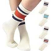 F|B Striped Retro Crew Socks for Women - Pair of 5 Triple Striped Socks with Terry Cushioned Sole