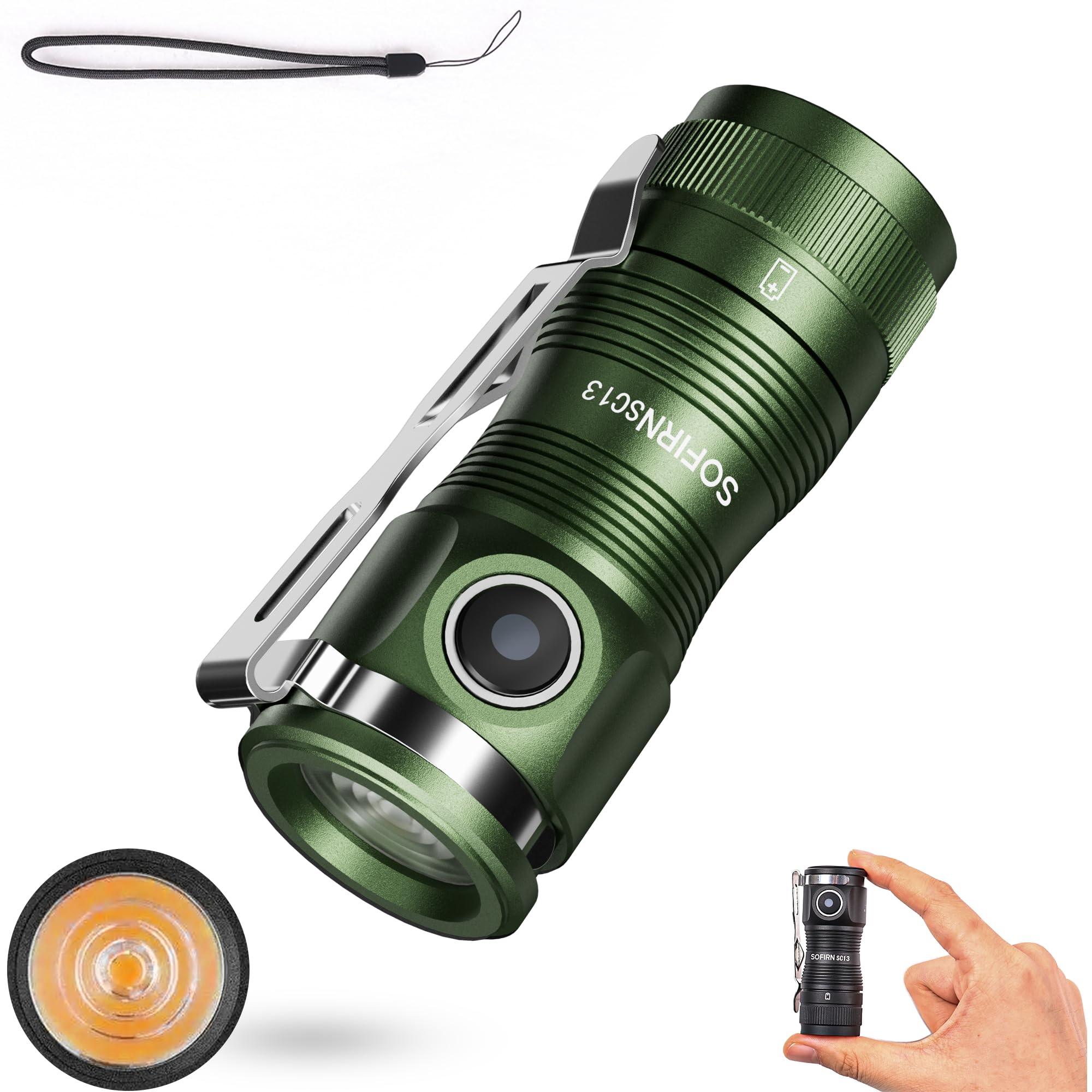 Sofirn SC13 519A, Small Torch, 5k Colour Temperature, Colour Restoration, 1100 LM, 150M, Mini Torch with Lanyard and Tail Magnet, IPX8, AL6061, Pocket Torch for Camping, Hiking, Emergency (Green)