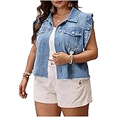 BEAUDRM Women's Plus Size Ruffle Cap Sleeve Denim Jacket Button Down Jean Jacket Coat with Pocket