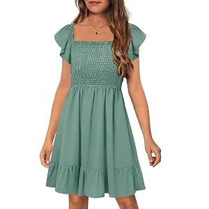 HOSIKA Girls Summer Cute Short Sleeve Smocked Boho Ruffle Tiered Dresses | 6-12Y, Casual, A-line, Square Neck, Ruffle Sleeve,
