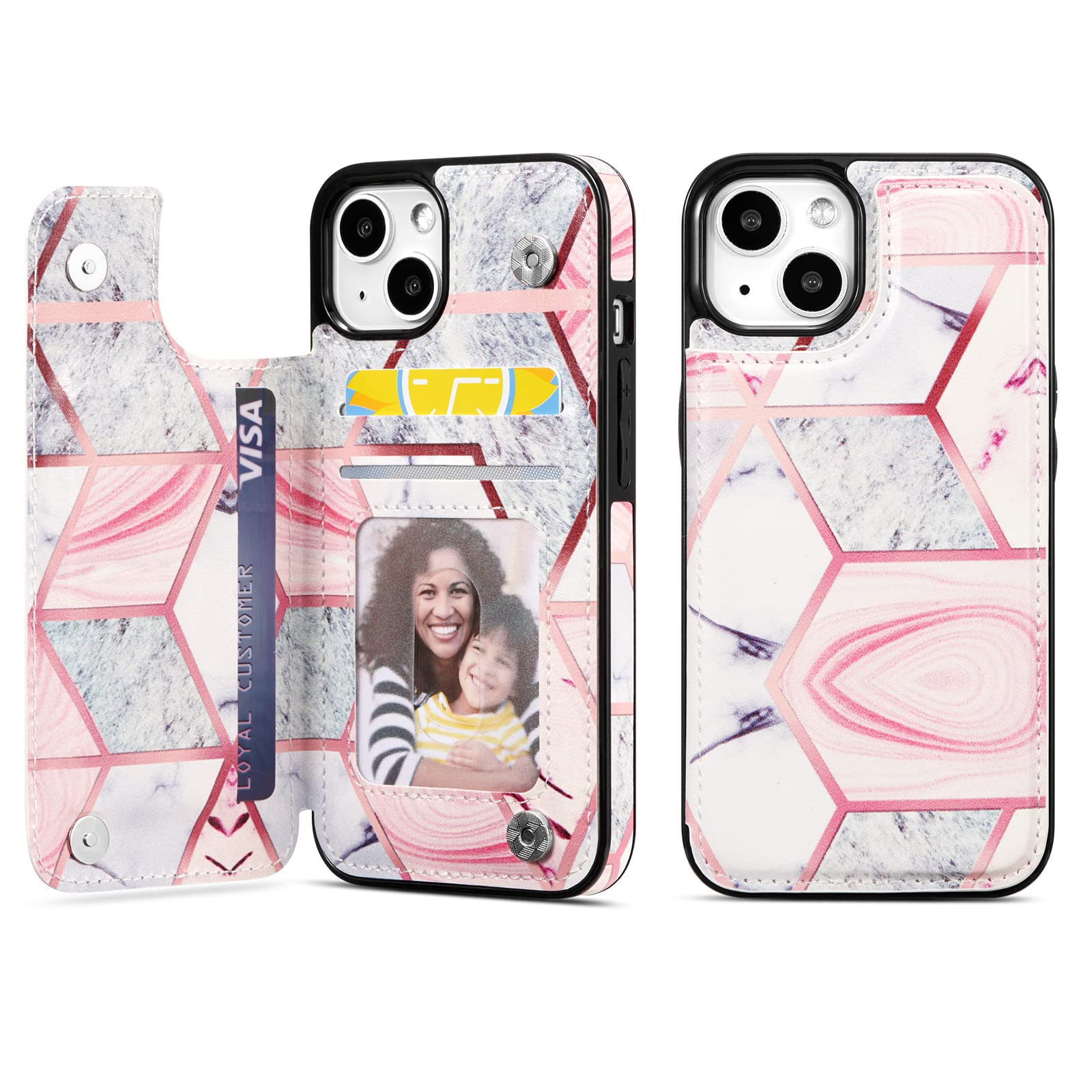 UEEBAI Case for iPhone 13 Mini 5.4 inch, Premium PU Leather Case Geometric Marble Pattern Back Wallet Cover [Two Magnetic Clasp] [Card Slots] Stand Function Durable Shockproof - Grey & Pink