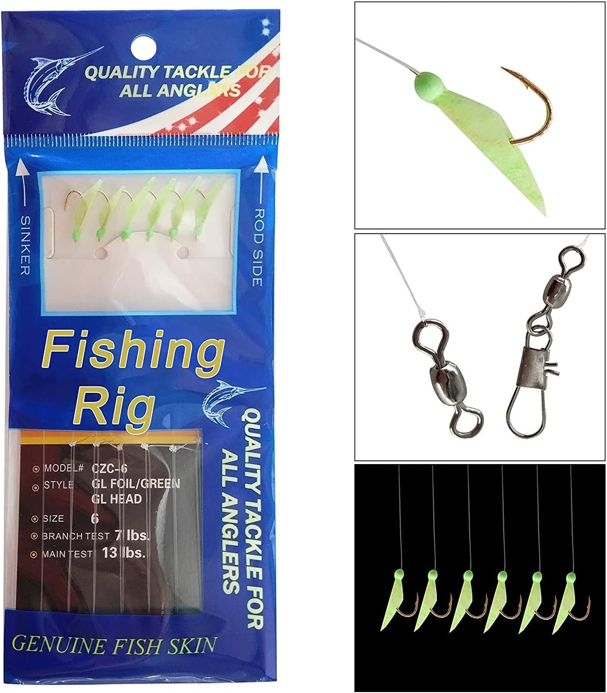 Fishing Rigs Bait Lures Freshwater Saltwater Sea Rigs Glow Rigs with Fish Skin/Feather Hooks Size 4 6 8 by Shaddock : Sports & Outdoors