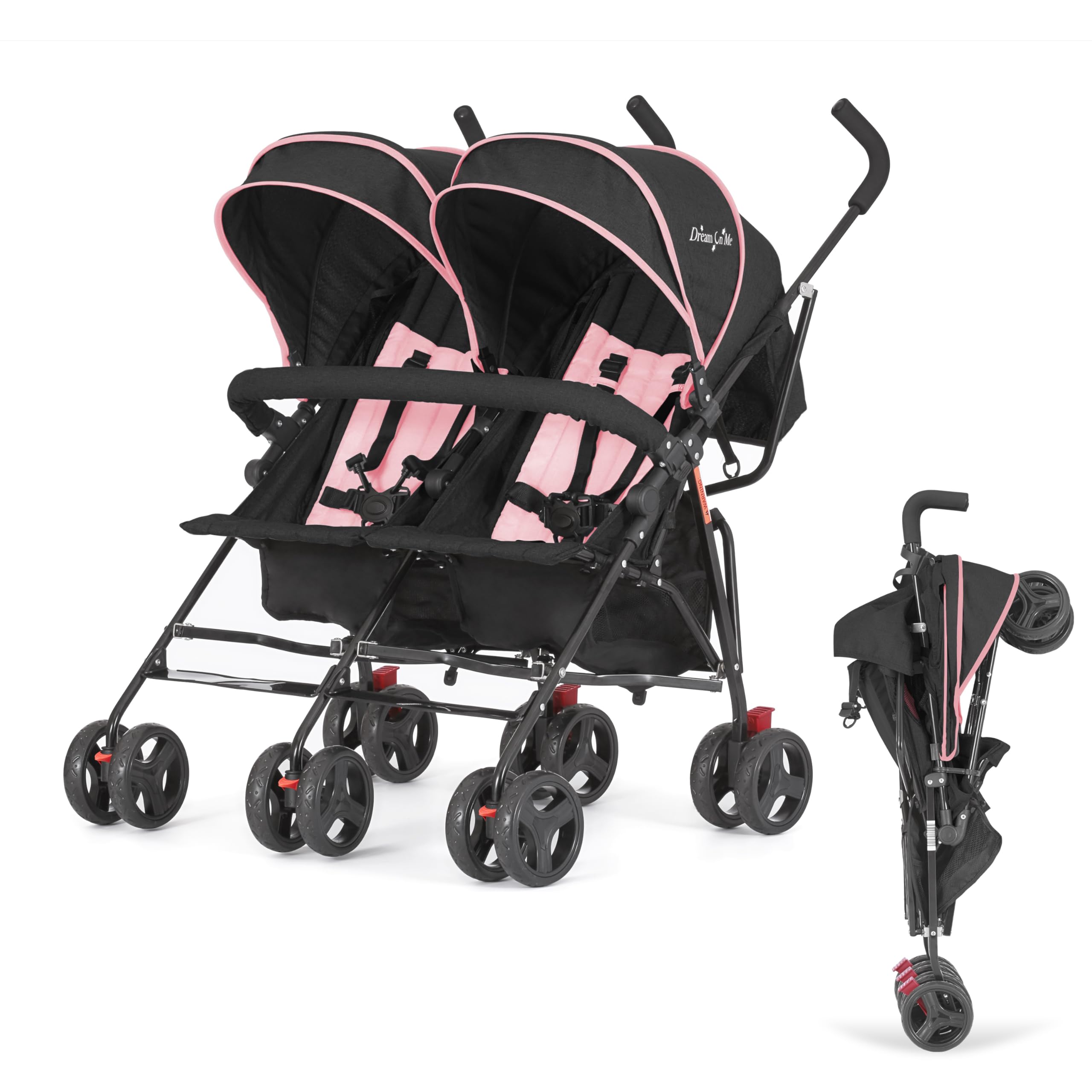 Photo 1 of Dream On Me Volgo Twin Umbrella Stroller in Pink, Lightweight Double Stroller for Infant & Toddler, Compact Easy Fold, Large Storage Basket, Large and Adjustable Canopy