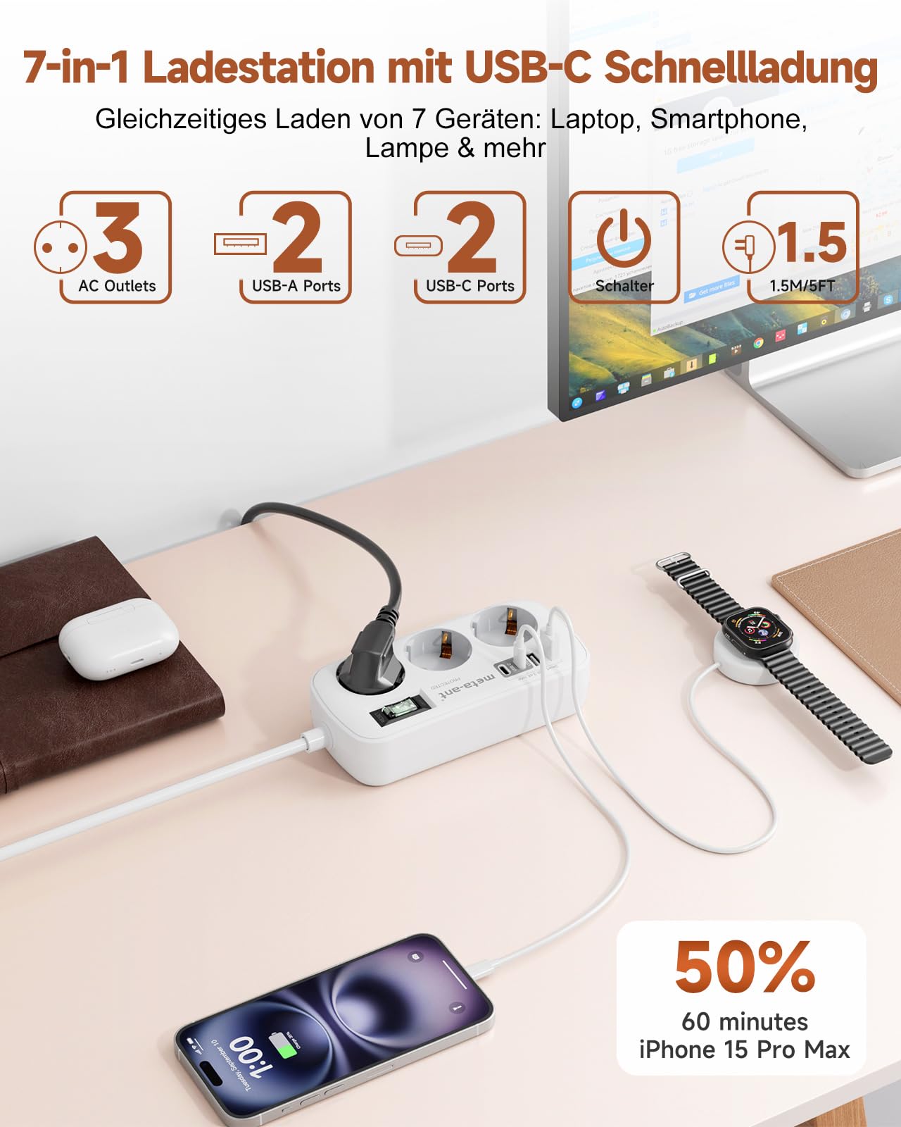 Steckdosenleiste mit USB 3.4A 17W, 3 Fach steckdosenleiste mit überspannungsschutz 4000W, Socket with 4 USB (2 USB-C), 1.5m, Steckdosenleiste Wandmontage für Heim Büro, Weiß 3