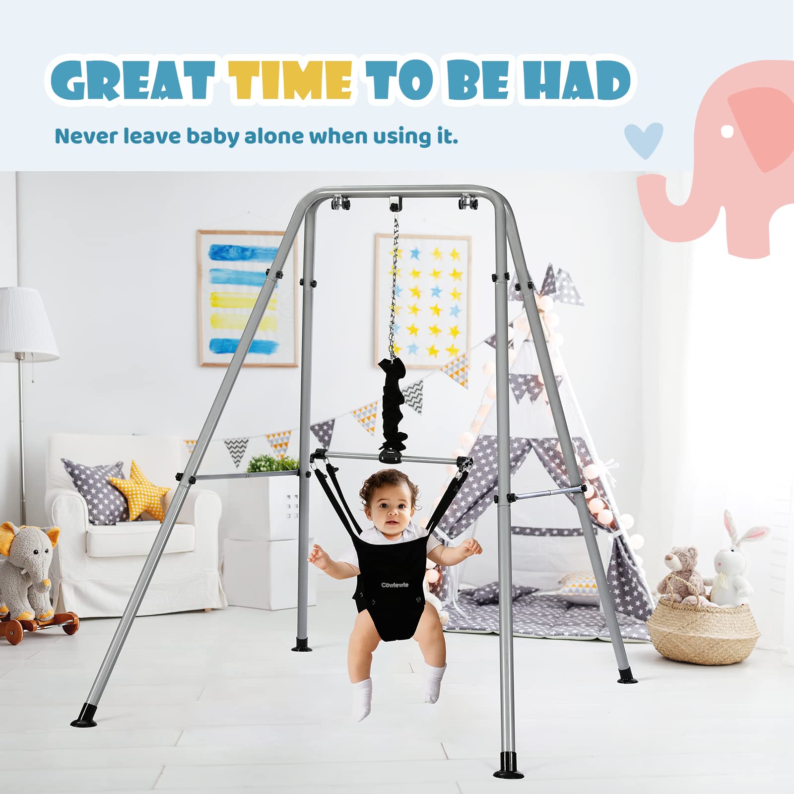 Cowiewie 2 in 1 Baby Jumper, with Strong Support Stand and Baby Walking Harness Function, Fun Activity for 6-24 Months Old