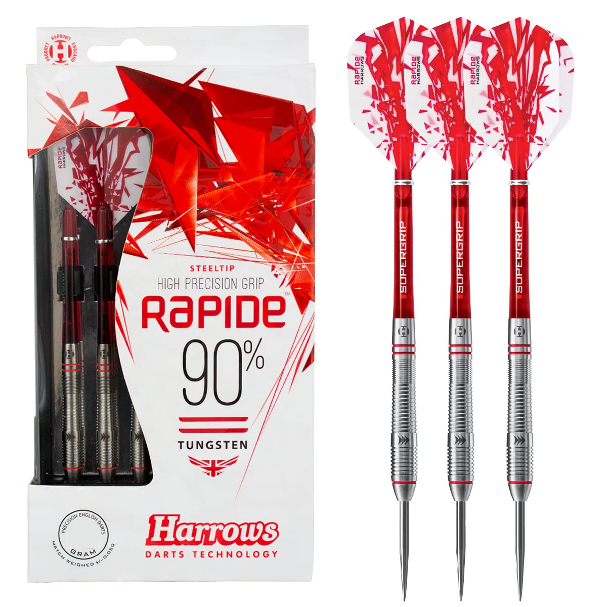 Harrows Rapide 90% Tungsten Steel Tip Darts Set (24g), High Precision Grip Darts, Available in a Range of Weights (16-26g)