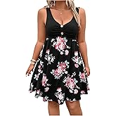 Verdusa Women's Plus Size Boho Floral Tank Dress Sleeveless Button Front Ruffle Short Dresses