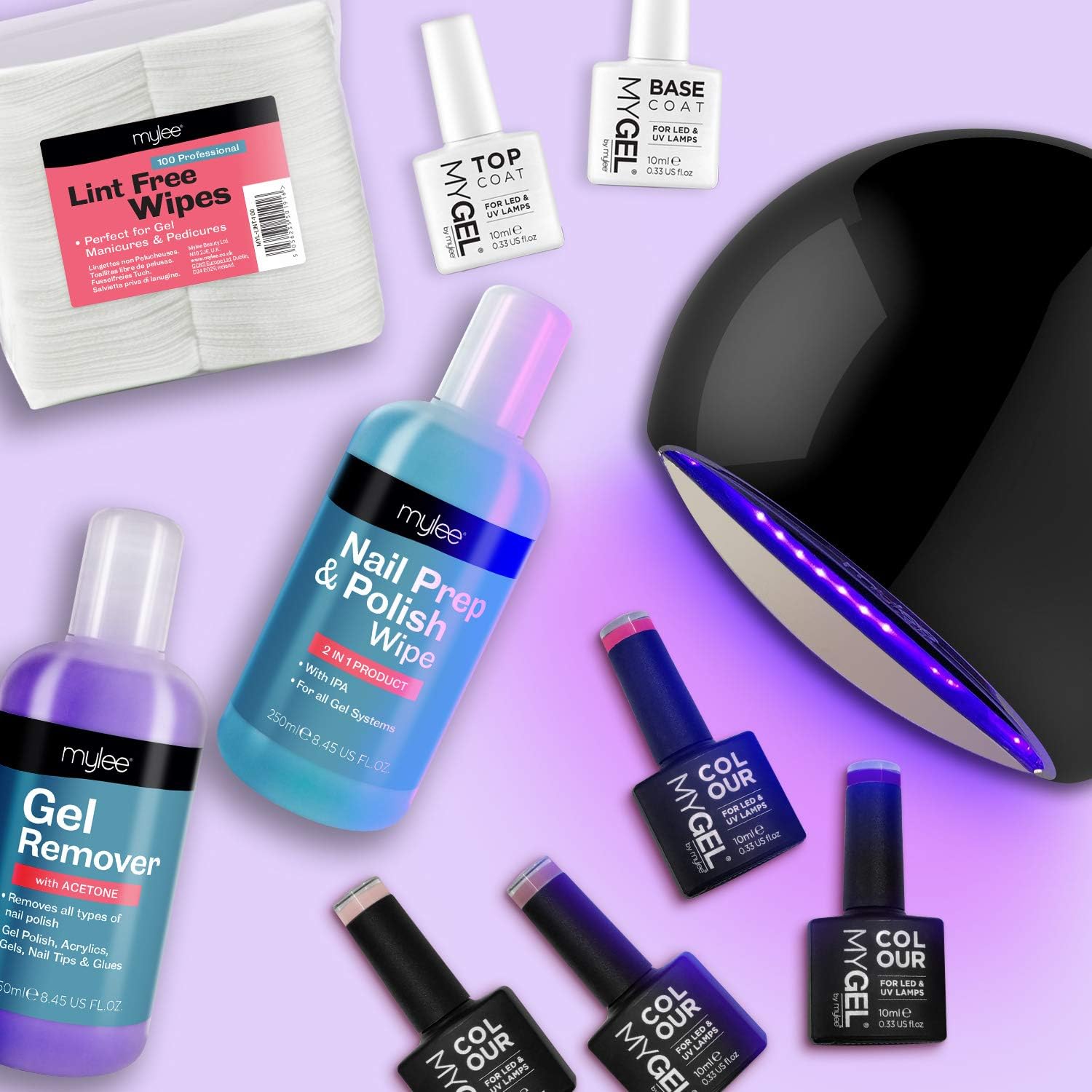 Mylee Complete Professional Gel Nail Polish LED Lamp Kit, 4x Colours, Top & Base Coat - Image 5
