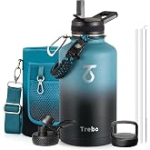 Trebo 64 oz Water Bottle Stainless Steel with 3 Lids, Paracord Handle &amp; Bag | Half Gallon Large Insulated Jug, Triple Wall Vacuum Copper Plated, Dishwasher Safe, Cold 48Hrs for Outdoor, Hiking, Gym
