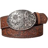 SHENHE Women's Western Cowgirl Belt Floral Vintage Leather Buckle Waist | Country Outfits,Engraved Embossed Pattern Along The Strap,Oval Metal Buckle