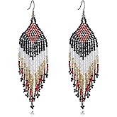 Bohemian Long Tassel Statement Beaded Drop Earring Colorful Handmade Boho Seeds Beads Fringe Dangle Earrings for Women Ethnic Holiday Jewelry Gift