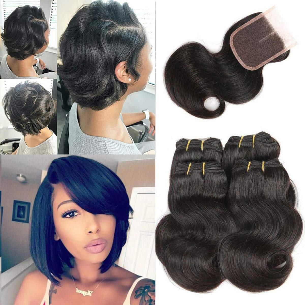 Photo 1 of Luxnovolex Brazilian Human Hair Bundles with Closure 50G/ Bundle Unprocessed Virgin Brazilian Body Wave Sewn in Hair Extensions Natural Color
