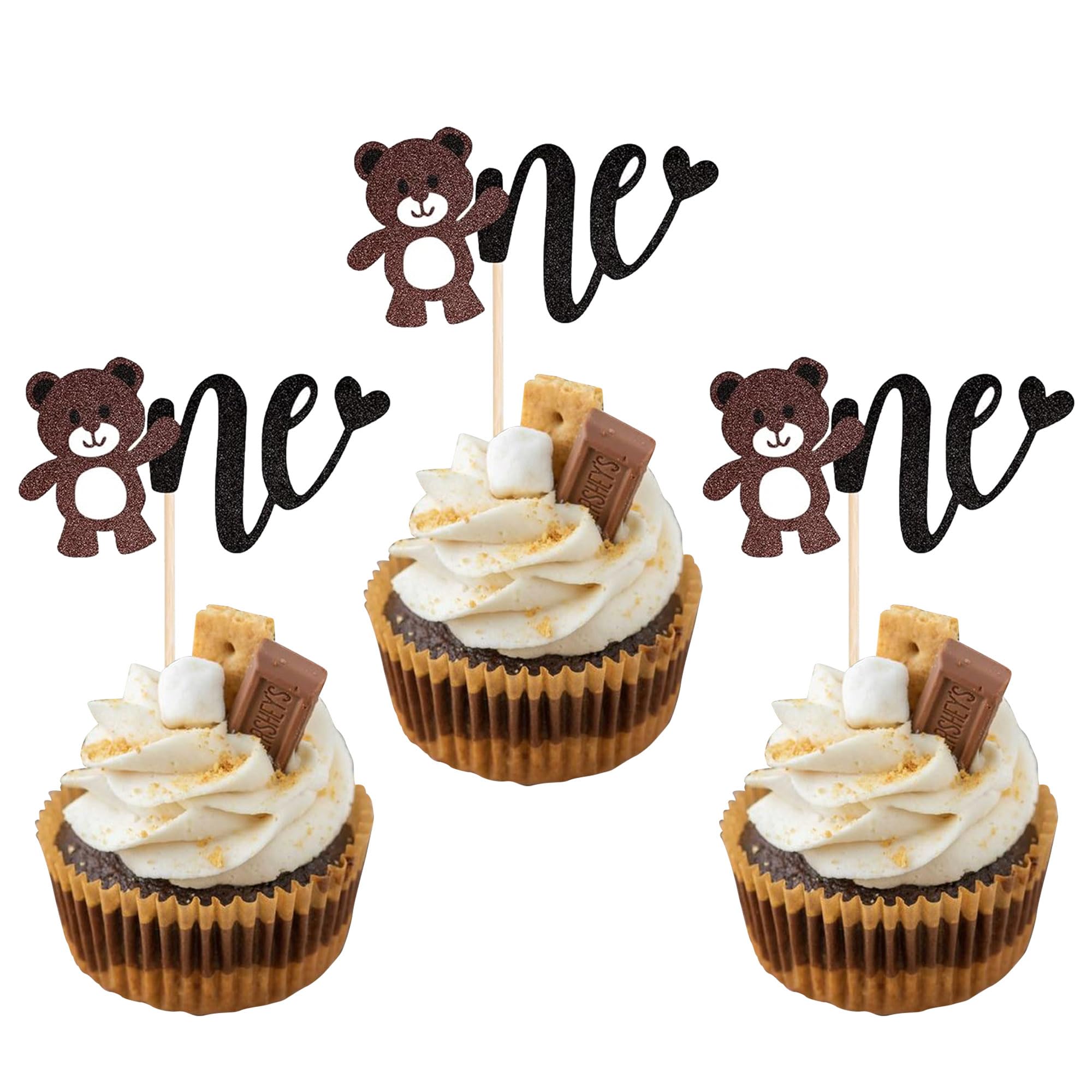 SYKYCTCY 24 Pack Bear One Cupcake Toppers Glitter Teddy Bear Baby Cupcake Picks Baby Shower Cupcake Decorations Kids One Birthday for Baby Shower Gender Reveal Birthday Party Decorations Supplies