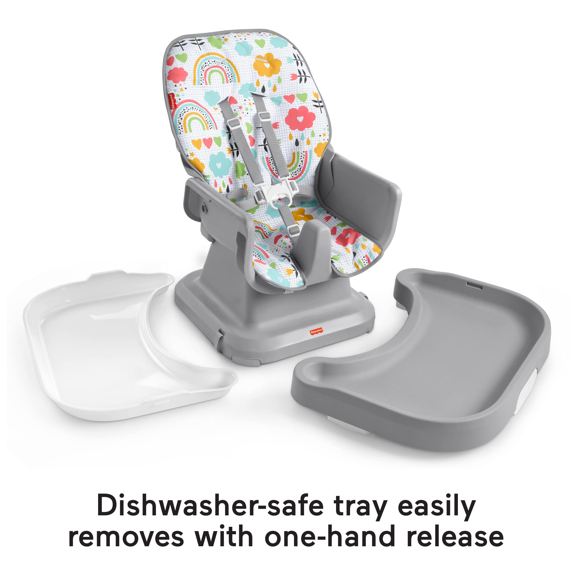 Fisher-Price Baby to Toddler High Chair SpaceSaver Simple Clean Portable Dining Seat & Booster with Washable Deep Tray & Liner, Sun Showers