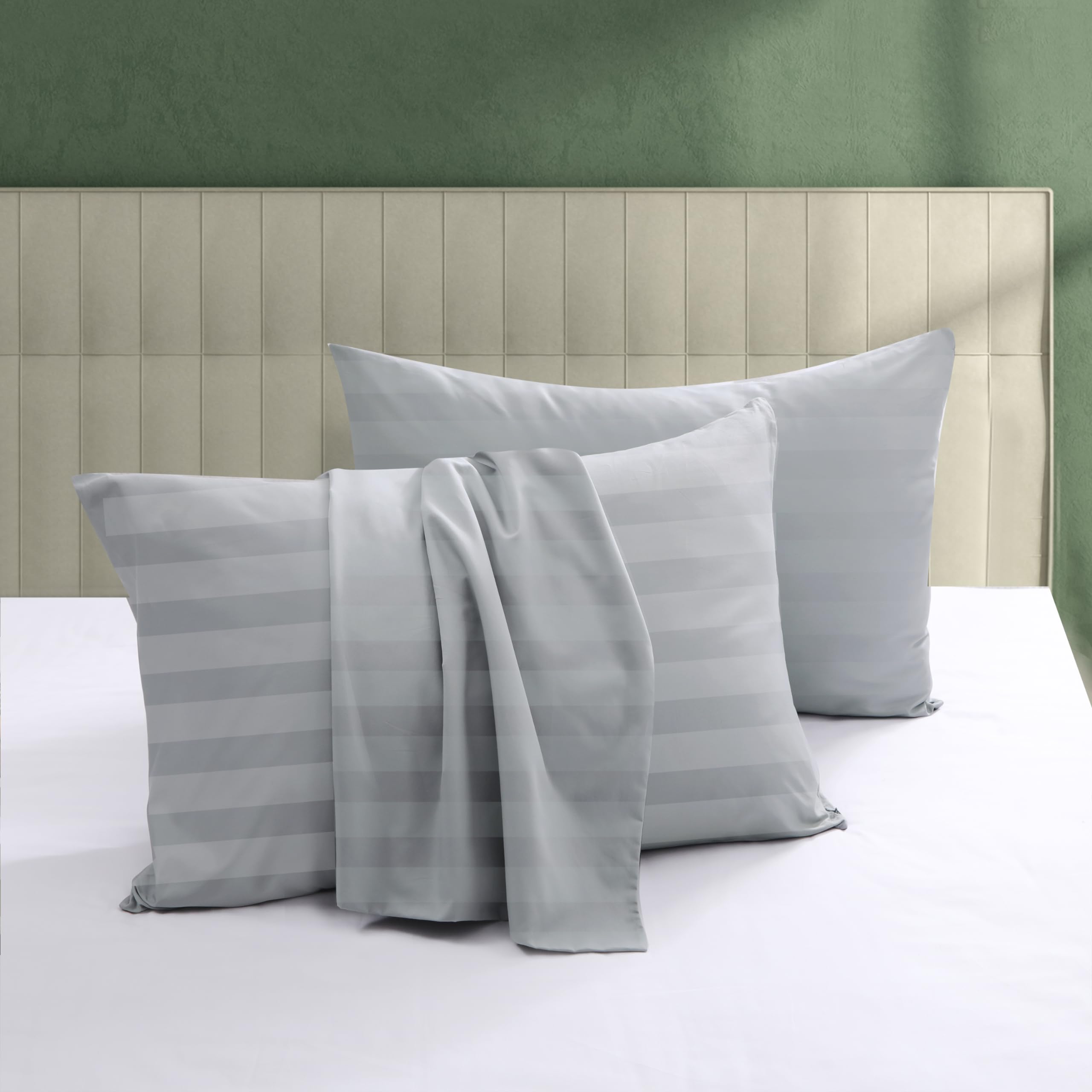 Photo 1 of 100% Egyptian Cotton Pillow Protectors Set of 2, 600 Thread Count King Size Bed Pillow Cases with Zipper, Sateen Weave Cooling Pillow Cases Quiet and Breathable Easy Care (2PCS, Striped Gray)
