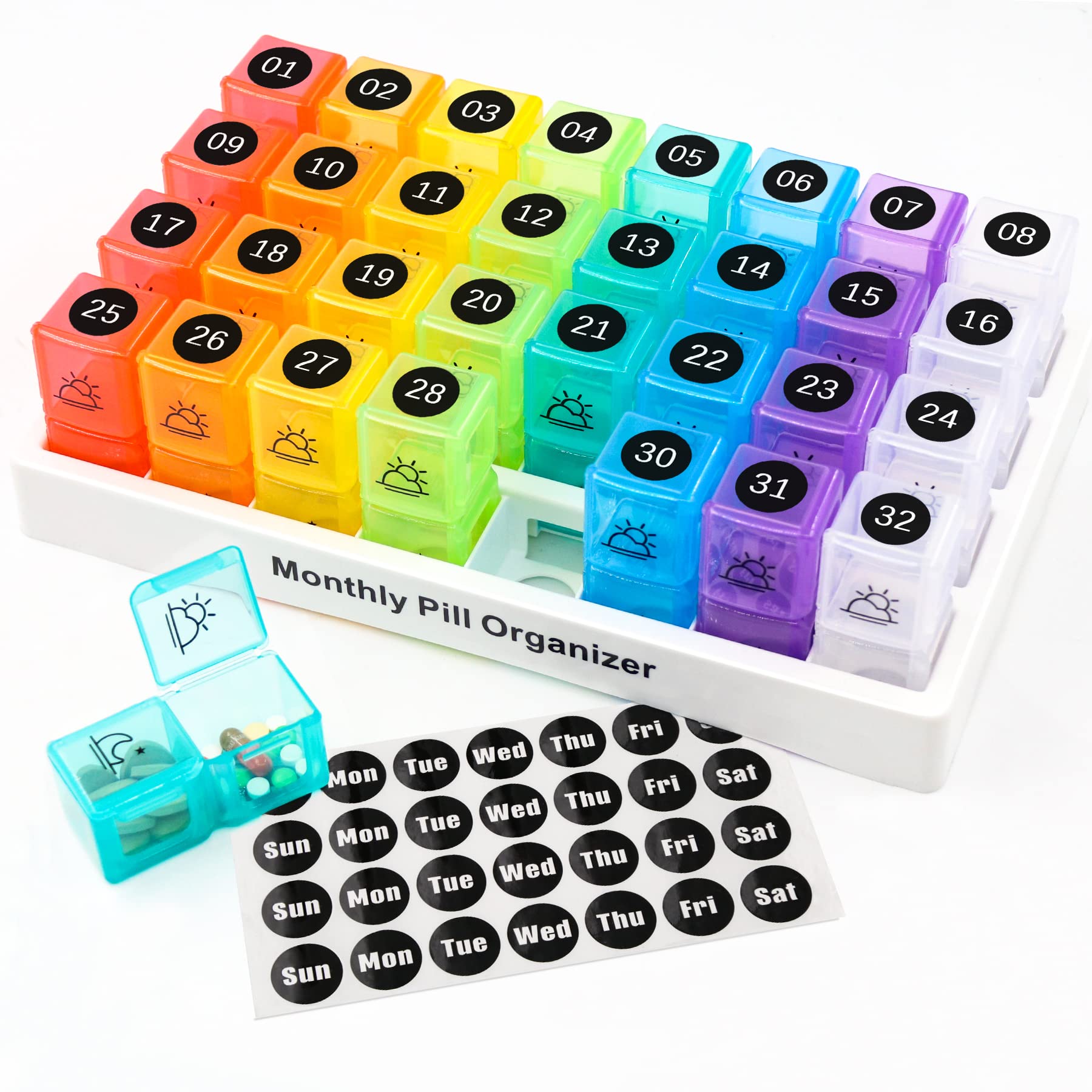 Newthinking Monthly Pill Box Organiser, Large Capacity Am Pm Pill Box Case with 32 Removable Compartments and Marking Stickers, Tablet Organiser Twice a Day for Pills and Fish Oil, Vitamins