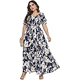MakeMeChic Women's Plus Size Summer Floral Maxi Dresses Curvy Short Sleeve Shirred Boho Beach Wedding Long Dress