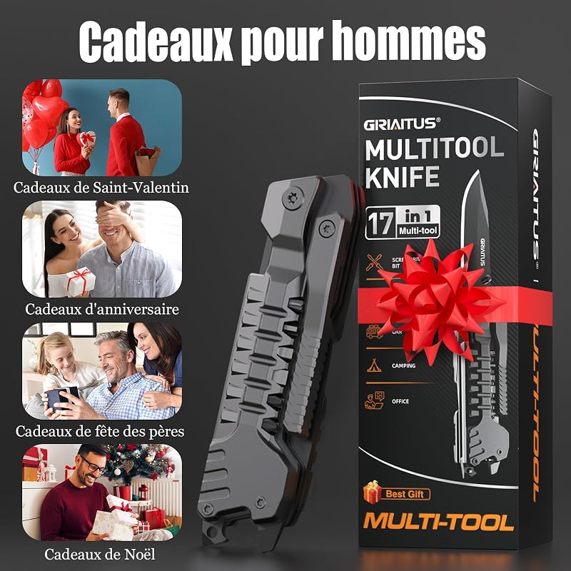 Cadeau Homme, Couteau Multifonction 17 en 1, bâtons d'allumage, ouvre-bouteille, scie, tournevis, sifflet, brise-vitre et plus encore - Parfait pour le camping, l'extérieur