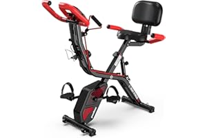 pooboo Folding Exercise Bike, Foldable Upright Stationary Bike, Indoor Cycling Magnetic X-Bike with 8-Level Adjustable Resistance, 6.6 LBS Flywheel, 300LB Capacity, Bottle Holder & Back Support Cushion for Home Gym