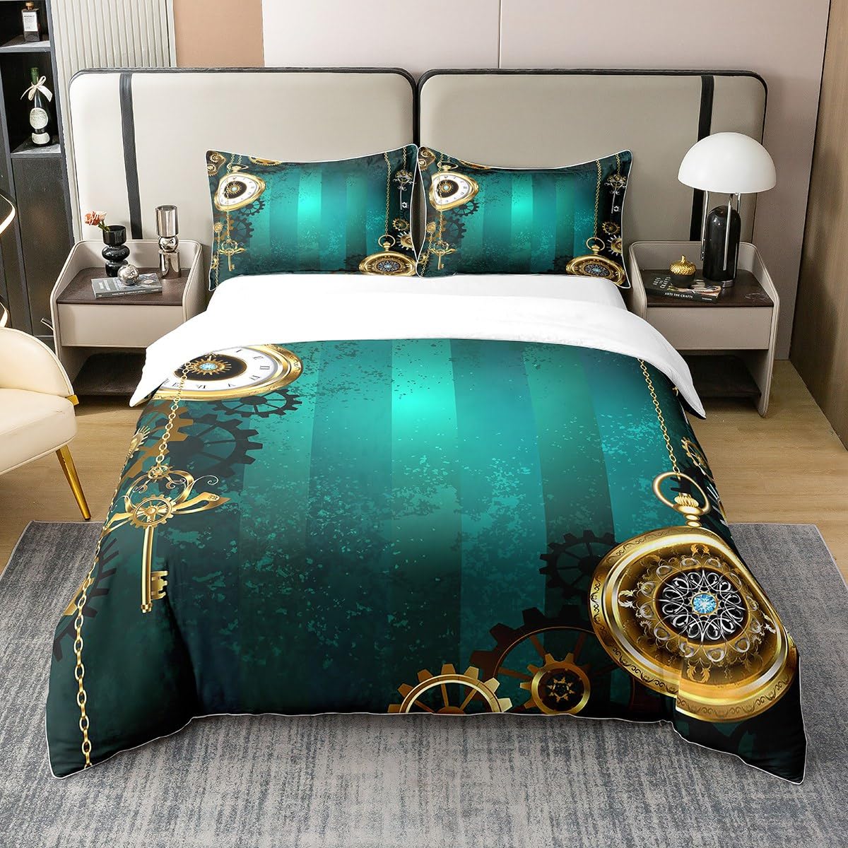 Steampunk Jewelry Gold Watch Bedding 100% Cotton Set for Kids Boys Clock Theme Gears Mechanical Decor Chain and Keys 100% Cotton Duvet Cover Retro Green Texture Duvet Set King Size Zipper Quilt Cover — image 1