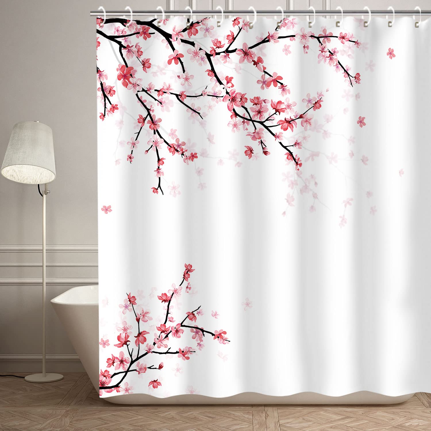 LIVILAN Cherry Blossom Bathroom Curtain with 12