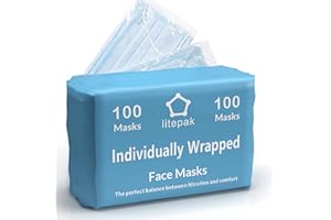 LITEPAK 100pcs Premium Individually Wrapped Disposable Face Mask Black Premium Comfort Earloops Nose Wire