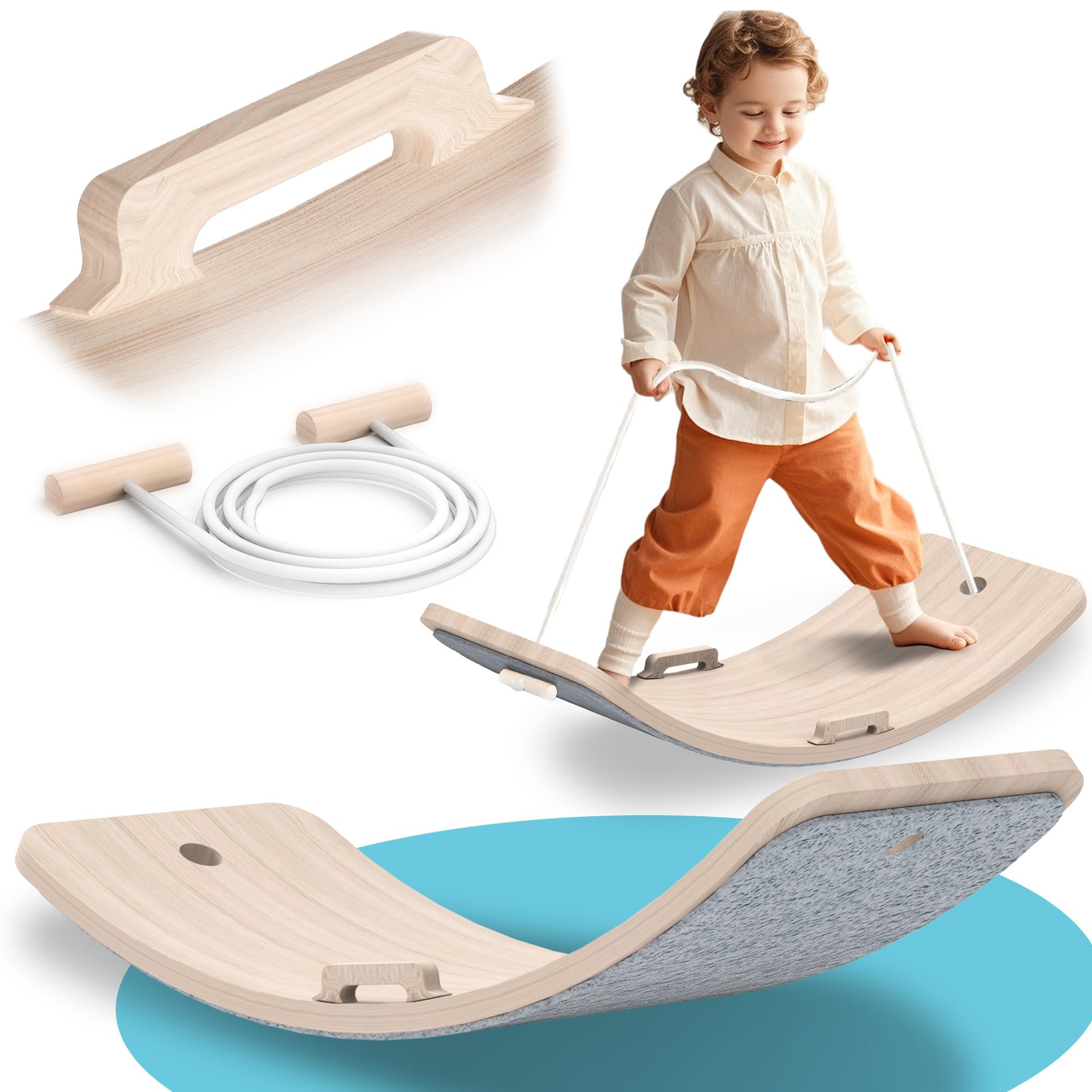 LGMCF Wooden Wobble Balance Board, 80x30CM Rocker Board with Handrail and Auxiliary Rope Felt, Natural Wood Learning Toys Montessori Sensory for Kids Toddler Adults