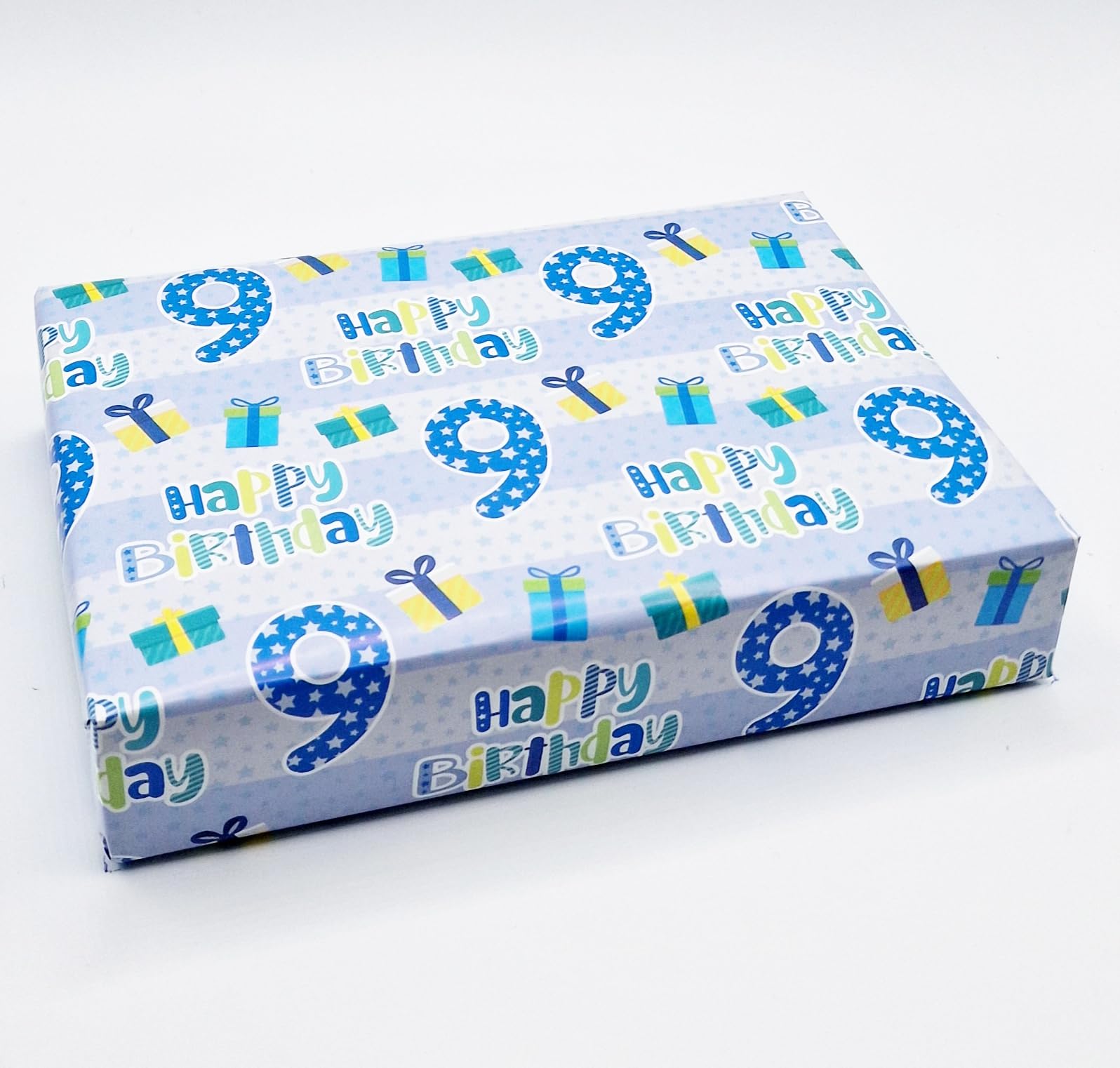 2 Sheets + 2 Gift Tags 9th Birthday Boy Blue Wrapping Paper Age 9 Cute Birthday Gift wrap Blue (PA)