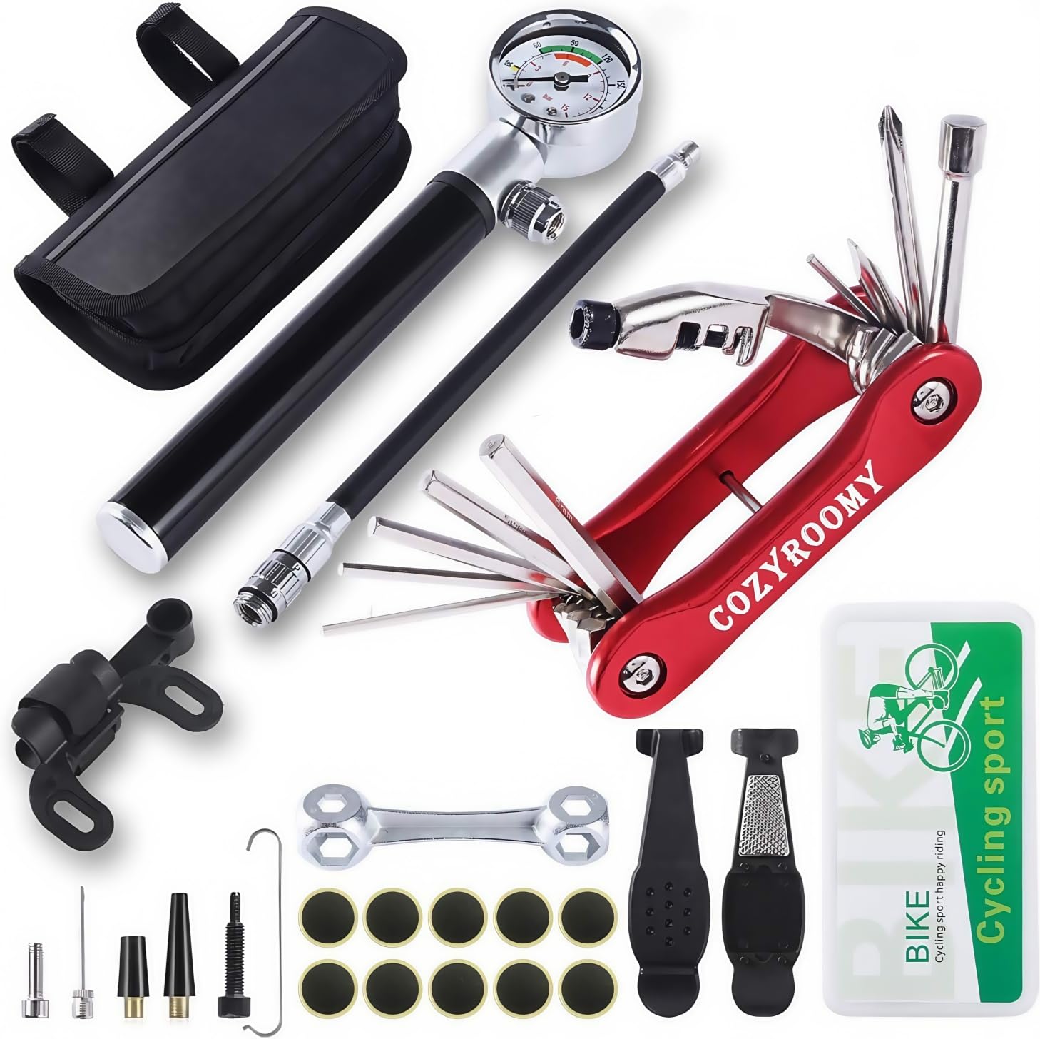 COZYROOMY Bike Tyre Repair Tool Kit - Bicycle Tool kit with 210 Psi Mini Pump 10-in-1 Multi-Tool（with Chain Breaker）,3 in1 Tyre Levers &Tire Patch, Bone Wrench, Portable Tool Bag. 6 Month Warranty