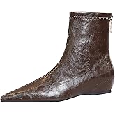 FAGLKAK Women'S Leather Handmade Flat Heel Ankle Boots Fashion Pointed Toe Back Zipper Flat Leisure Booties For Office Work