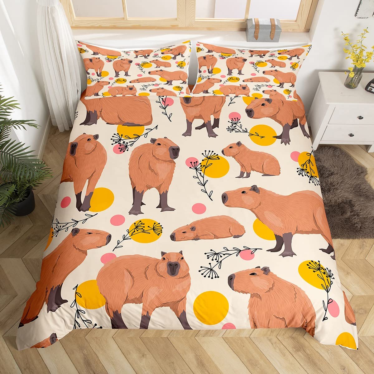 Cartoon Capybara Duvet Cover for Kids,Cute Brown Capybaras Comforter Cover Single Size for Teens Boys Girls Room Decor,Funny Doodle Plants Dots Design Bedding Set Microfibre Soft Bedspread Cover 2Pcs — image 1