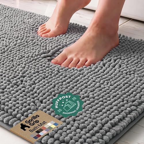 GORILLA GRIP Bath Rug Mat for Bathroom, Absorbent Chenille, 24x17 Gray | Soft Thick Quick Dry Microfiber Mats, Rubber Backing, Machine Washable Tub and Shower Floor Rugs, Home Decor Essentials