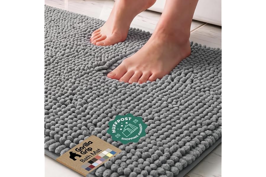 GORILLA GRIP Bath Rug Mat for Bathroom, Absorbent Chenille, 24x17 Gray | Soft Thick Quick Dry Microfiber Mats, Rubber Backing, Machine Washable Tub and Shower Floor Rugs, Home Decor Essentials